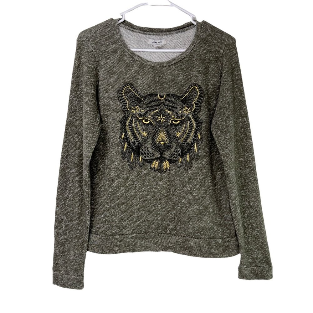 Lucky Lotus Green Marled Embroidered Tiger Crewneck Pullover Sweatshirt Small